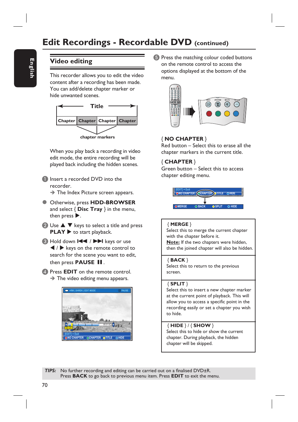Edit recordings - recordable dvd, Video editing, Continued) | Title | Philips DVDR7310H User Manual | Page 70 / 98
