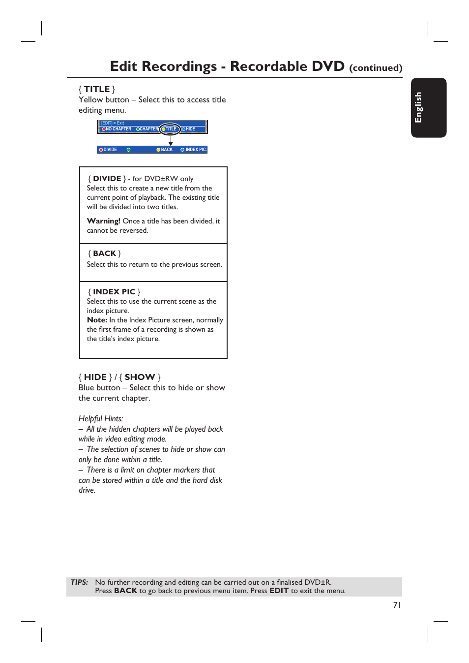 Edit recordings - recordable dvd, Continued) | Philips DVDR7310H User Manual | Page 71 / 98