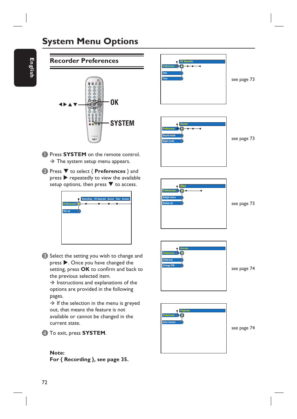 System menu options, Recorder preferences, English 72 | Press system on the remote control, The system setup menu appears | Philips DVDR7310H User Manual | Page 72 / 98