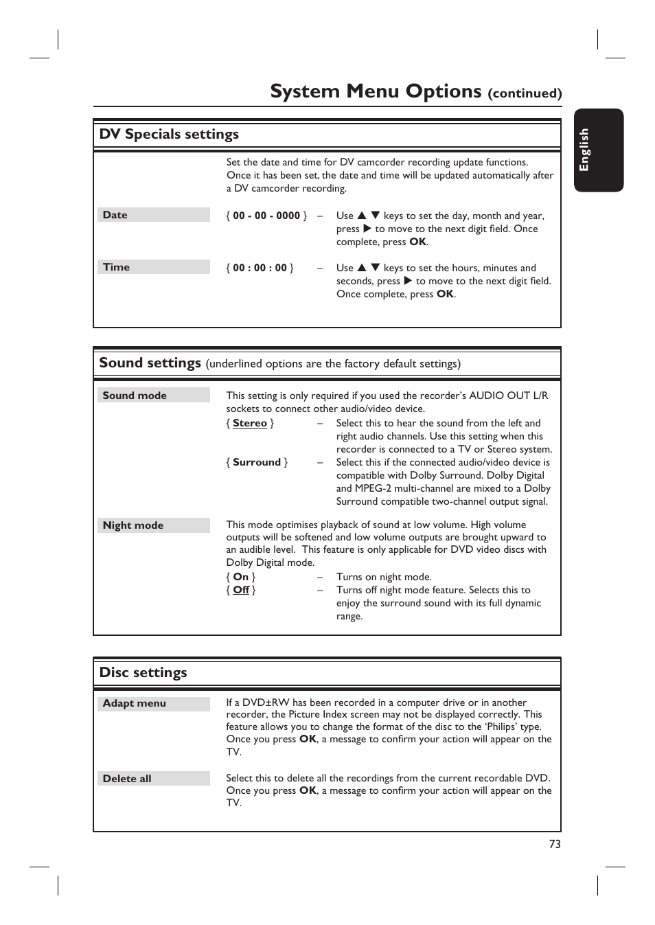 System menu options, Dv specials settings, Sound settings | Disc settings | Philips DVDR7310H User Manual | Page 73 / 98