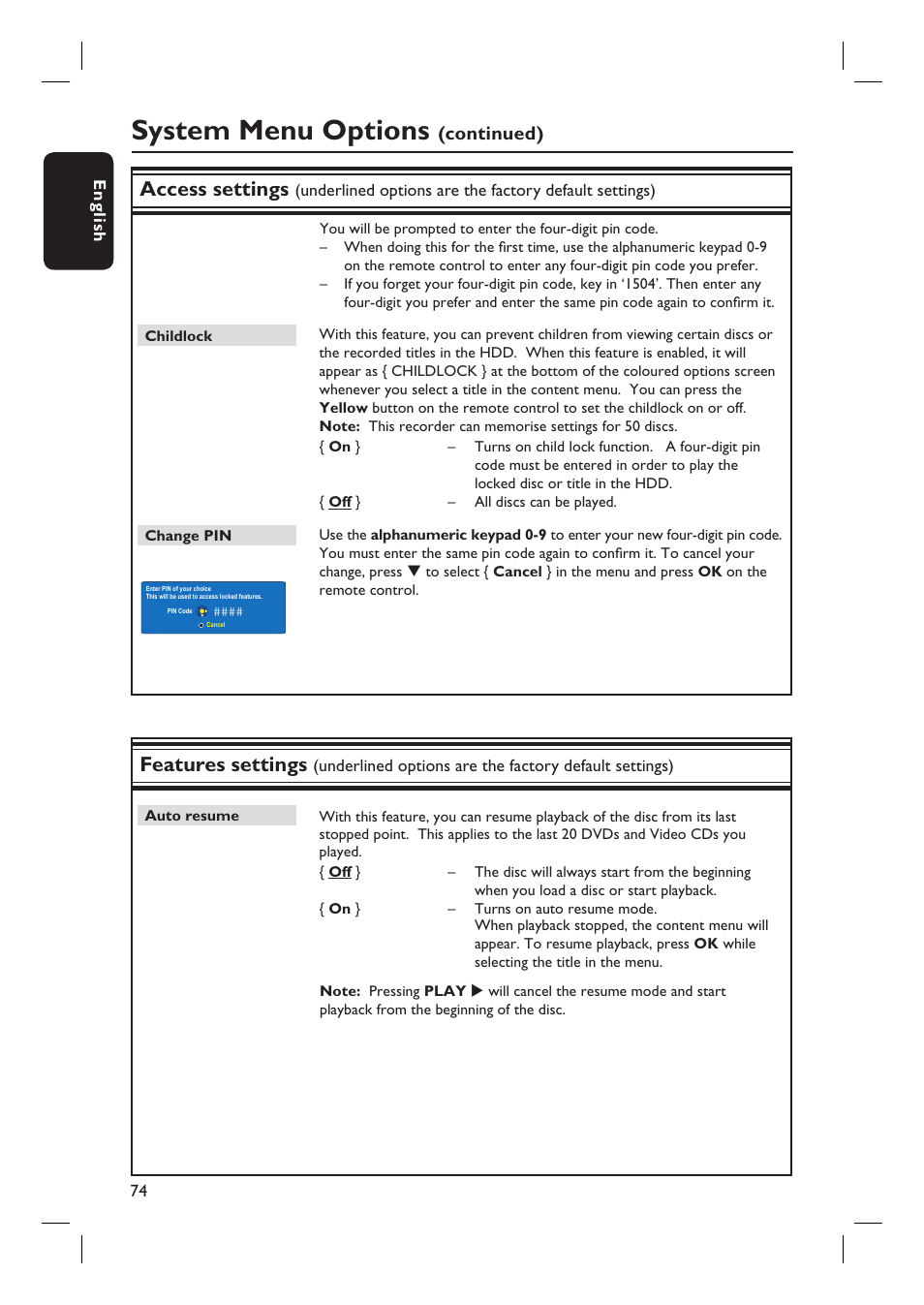 System menu options, Access settings, Features settings | Continued) | Philips DVDR7310H User Manual | Page 74 / 98