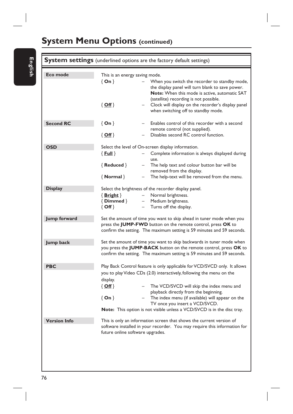 System menu options, System settings, Continued) | Philips DVDR7310H User Manual | Page 76 / 98