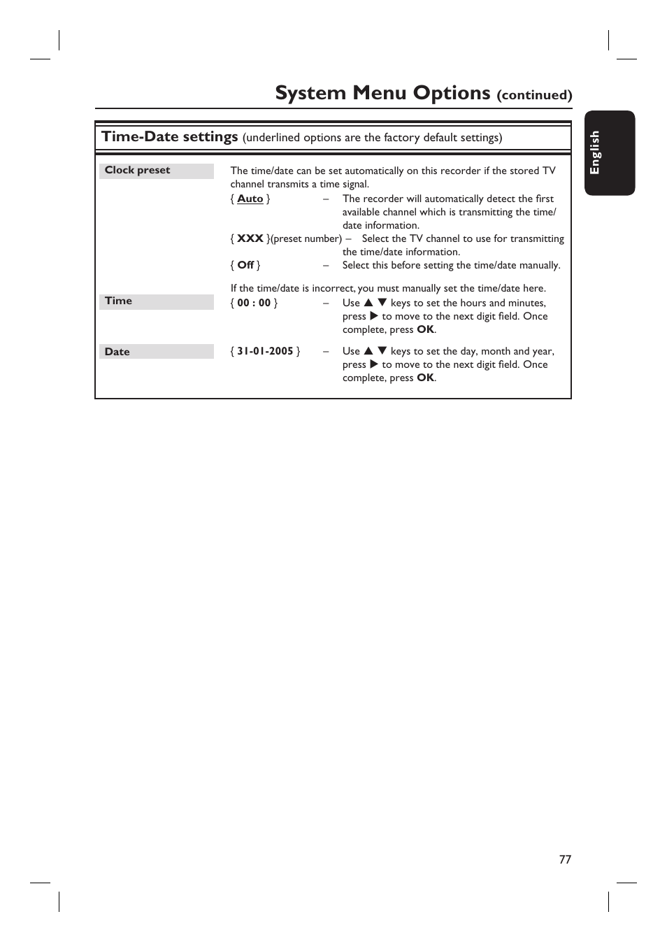 System menu options, Time-date settings | Philips DVDR7310H User Manual | Page 77 / 98