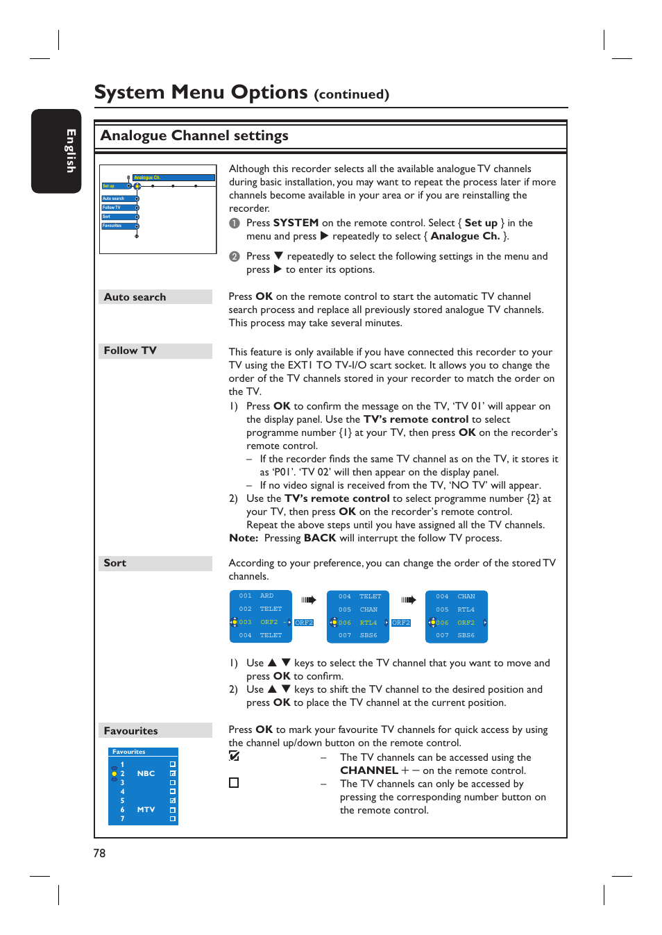 System menu options, Analogue channel settings, Continued) | Philips DVDR7310H User Manual | Page 78 / 98