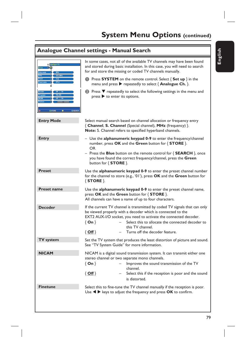 System menu options, Analogue channel settings - manual search, Continued) | English 79 | Philips DVDR7310H User Manual | Page 79 / 98