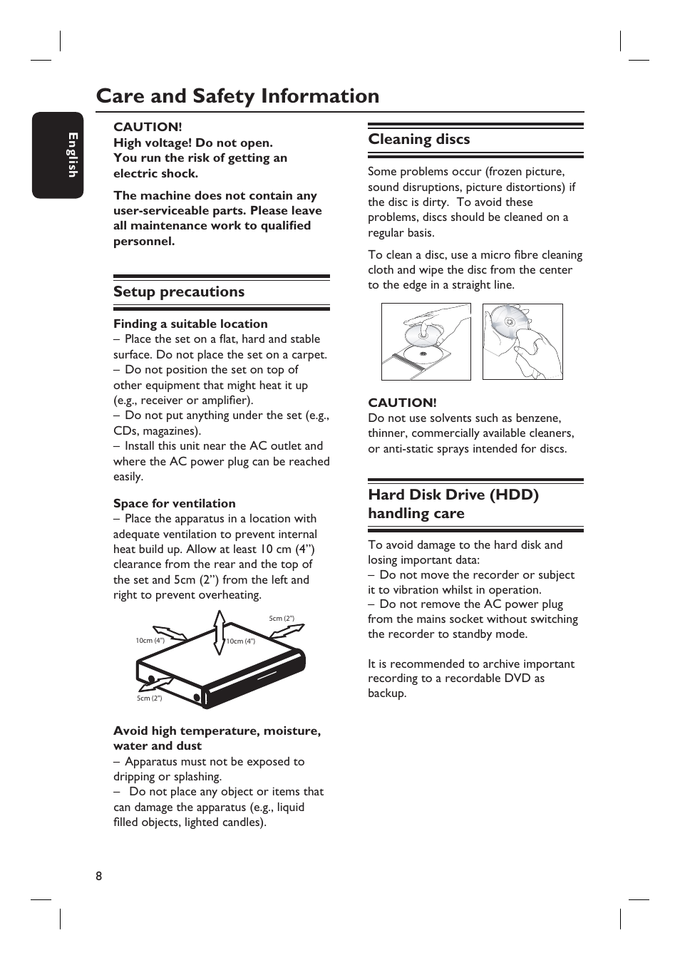 Care and safety information, Cleaning discs, Hard disk drive (hdd) handling care | Setup precautions | Philips DVDR7310H User Manual | Page 8 / 98