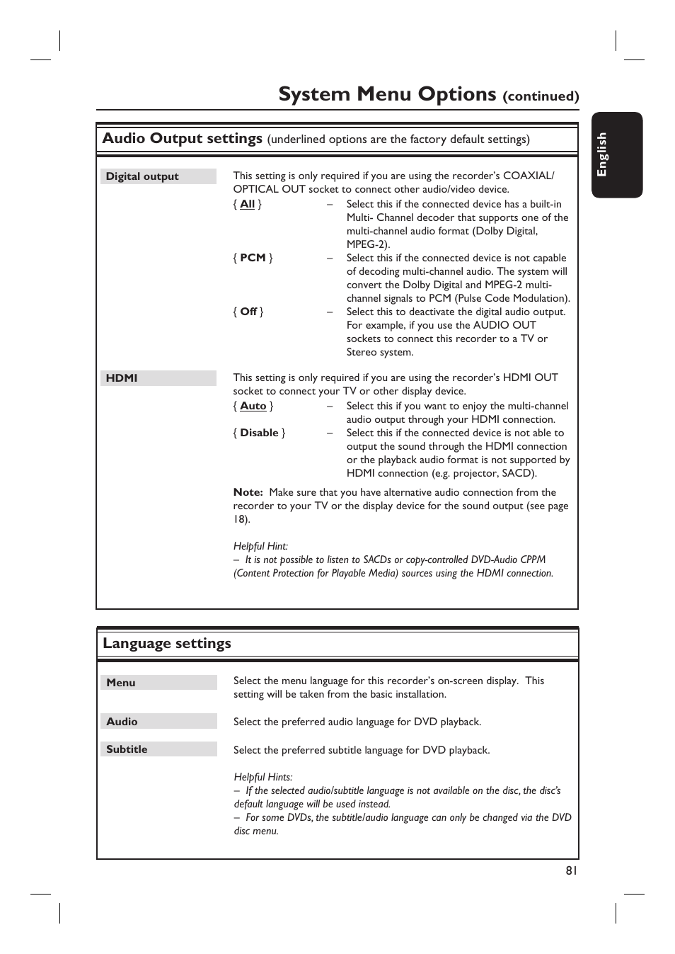 System menu options, Audio output settings, Language settings | Philips DVDR7310H User Manual | Page 81 / 98