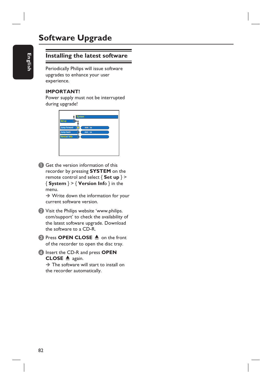 Software upgrade, Installing the latest software | Philips DVDR7310H User Manual | Page 82 / 98