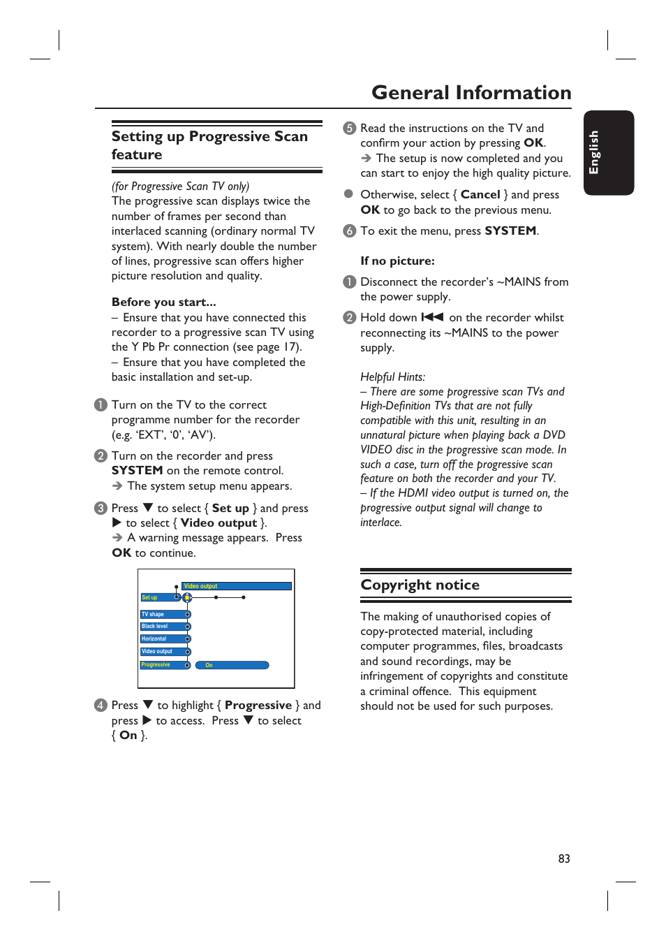 General information, Setting up progressive scan feature, Copyright notice | Philips DVDR7310H User Manual | Page 83 / 98