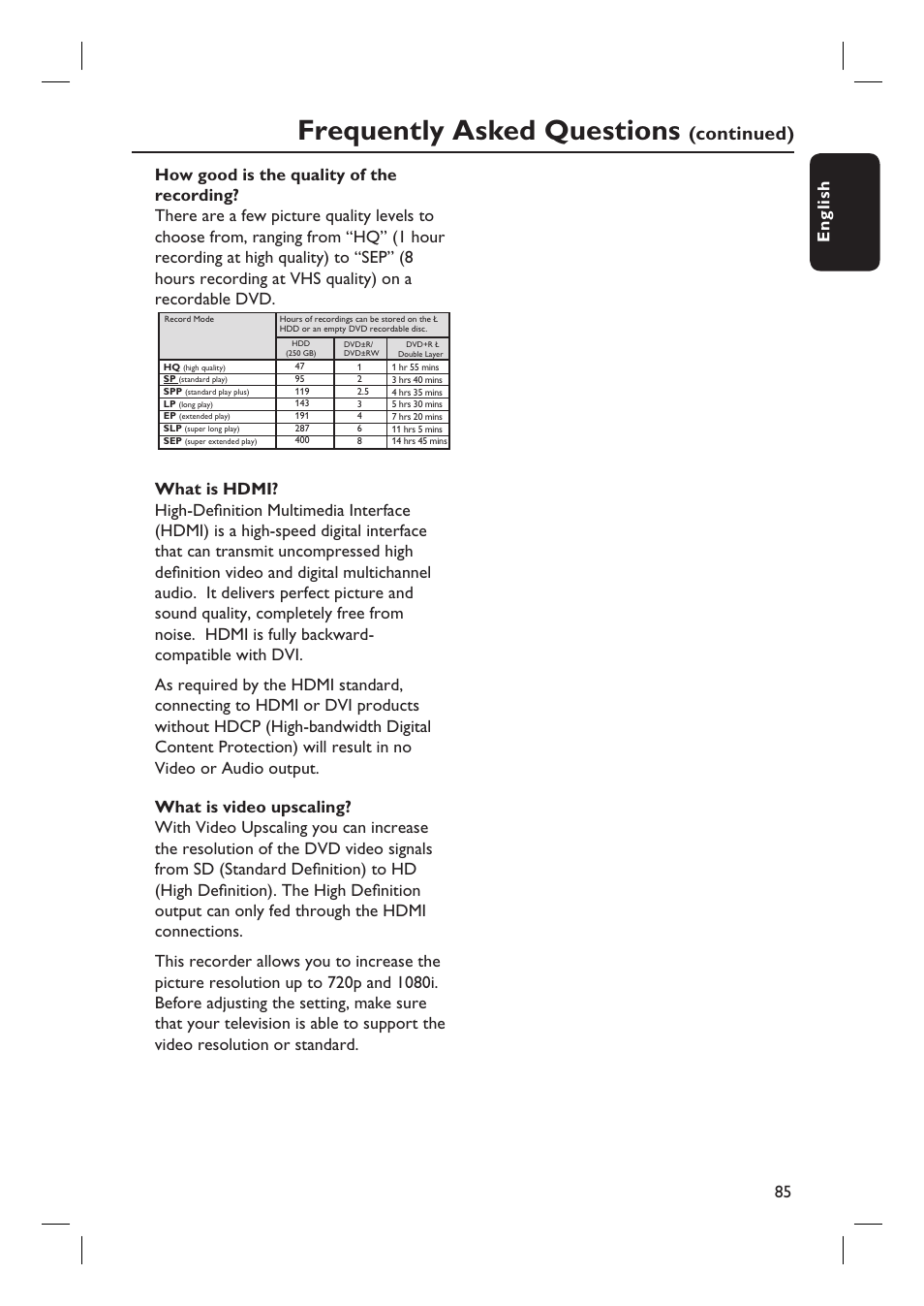 Frequently asked questions, Continued), English 85 | Philips DVDR7310H User Manual | Page 85 / 98