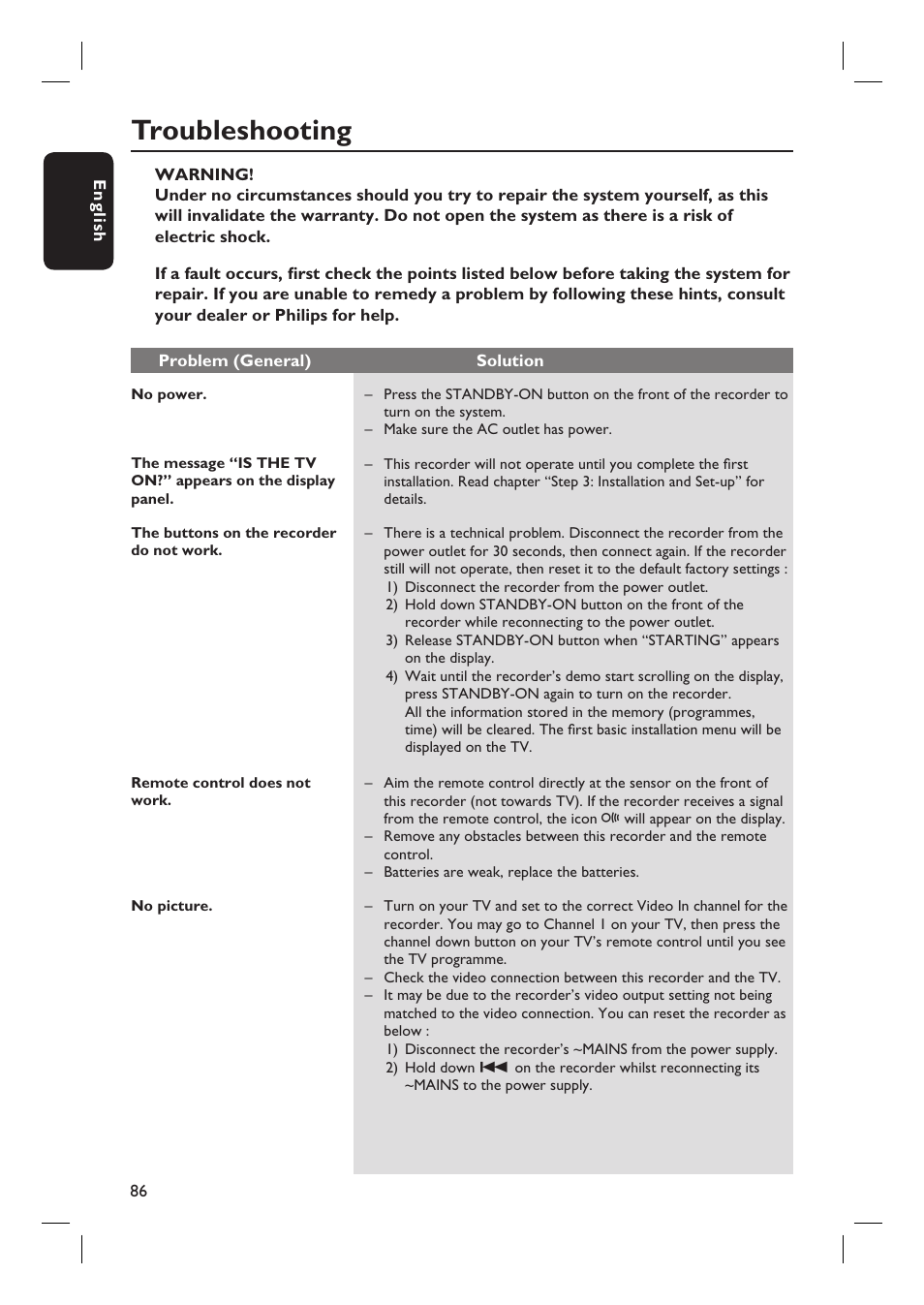 Troubleshooting | Philips DVDR7310H User Manual | Page 86 / 98