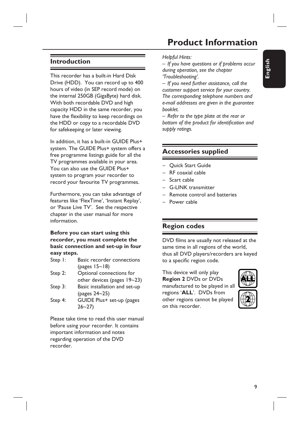 Product information | Philips DVDR7310H User Manual | Page 9 / 98