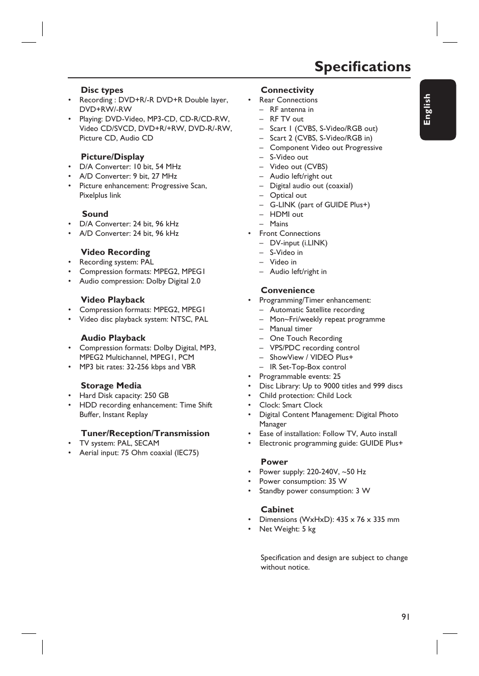 Specifi cations | Philips DVDR7310H User Manual | Page 91 / 98