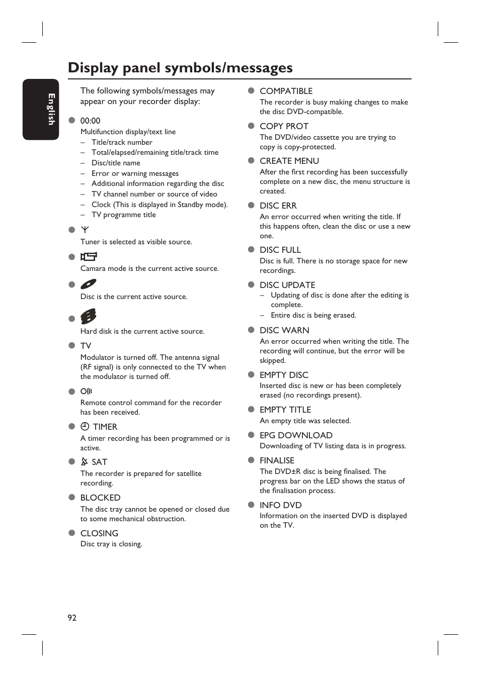 Display panel symbols/messages | Philips DVDR7310H User Manual | Page 92 / 98