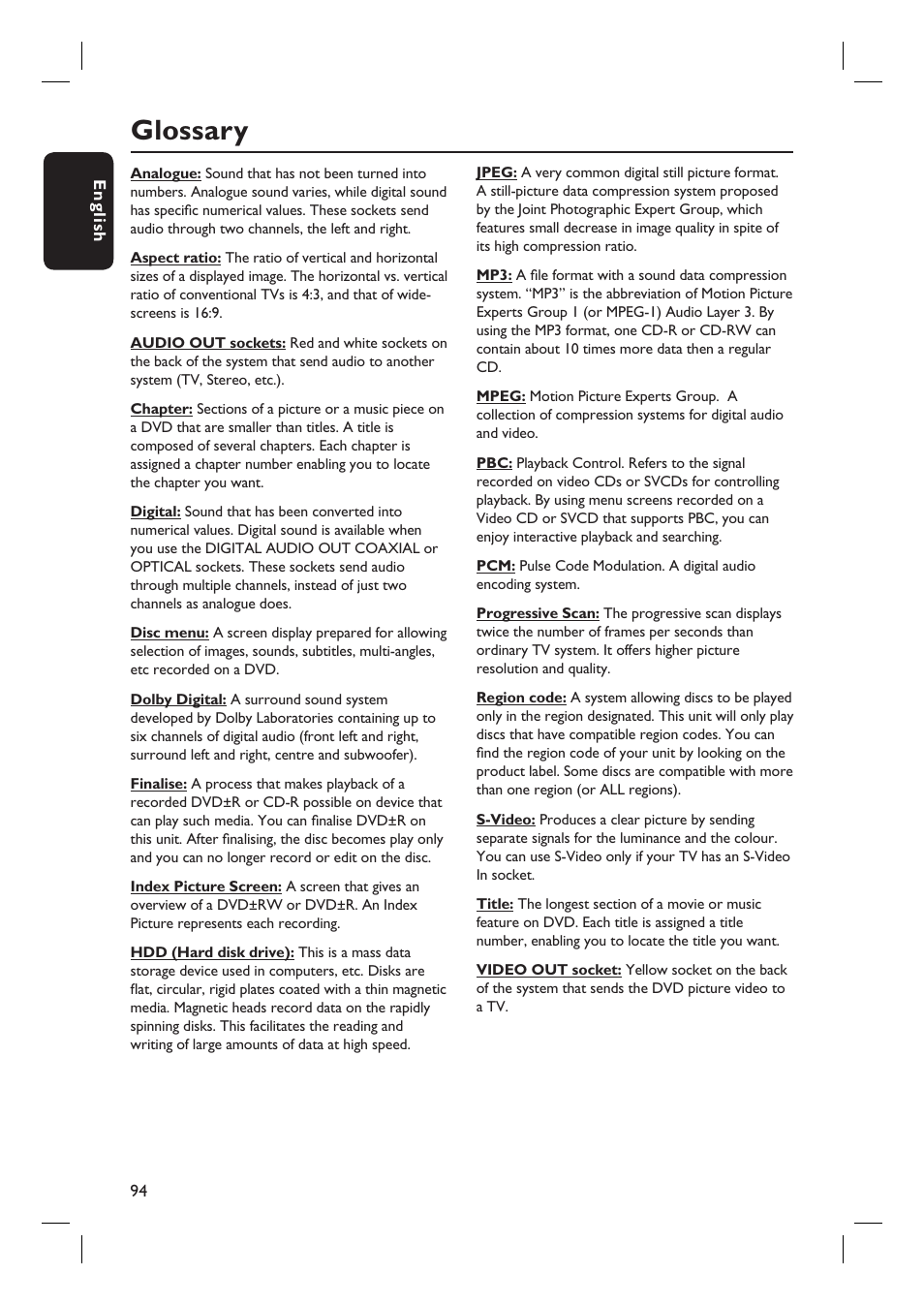 Glossary | Philips DVDR7310H User Manual | Page 94 / 98