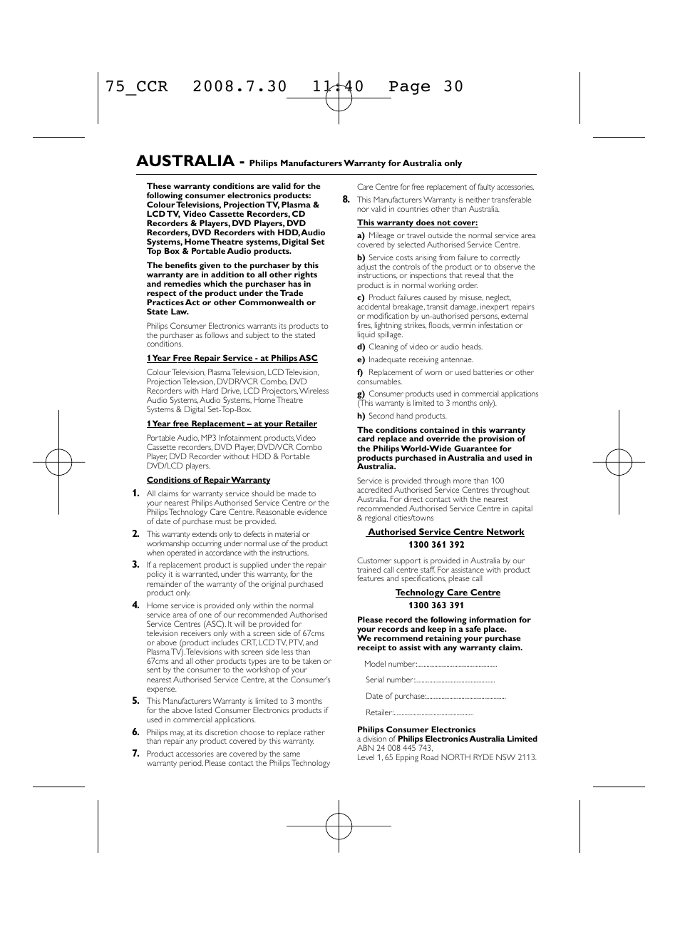 Australia | Philips WK0831 User Manual | Page 30 / 31