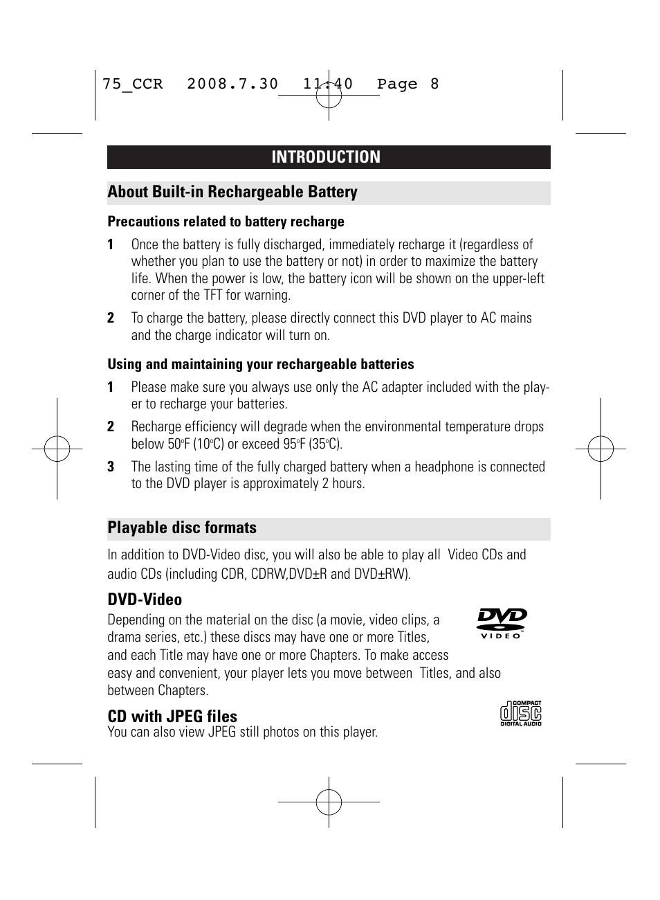 Introduction about built-in rechargeable battery, Playable disc formats, Dvd-video | Cd with jpeg files | Philips WK0831 User Manual | Page 8 / 31