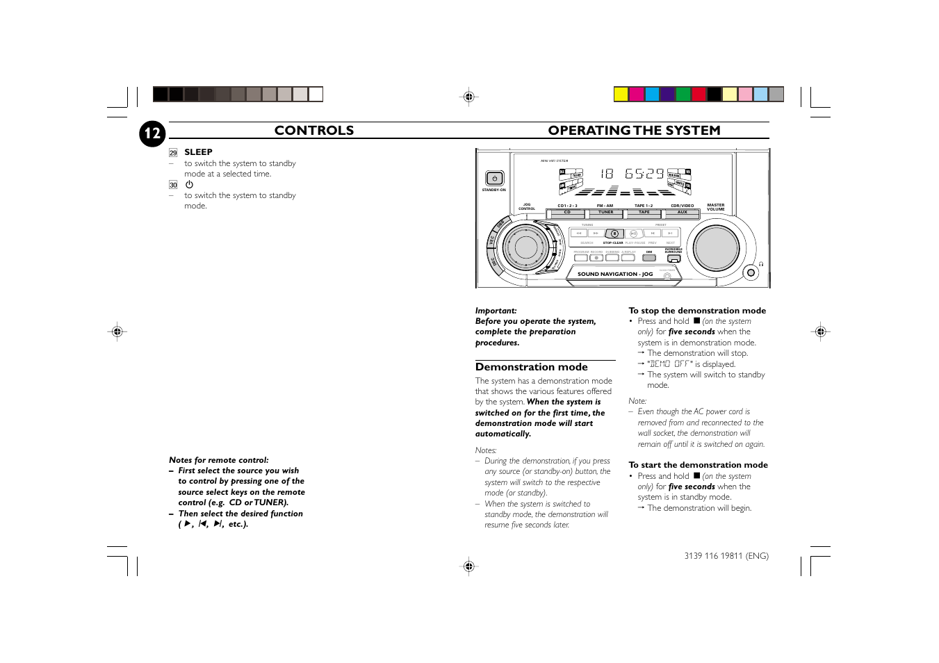 Controls operating the system, Demonstration mode | Philips FW-C38C/37 User Manual | Page 12 / 29