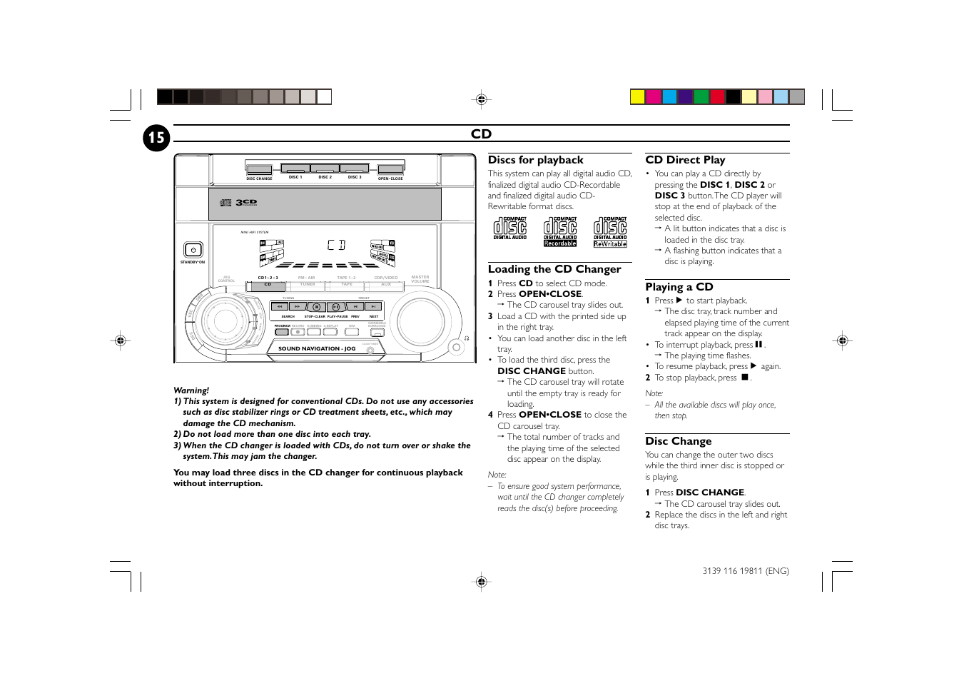 Discs for playback, Loading the cd changer, Cd direct play | Playing a cd, Disc change | Philips FW-C38C/37 User Manual | Page 15 / 29