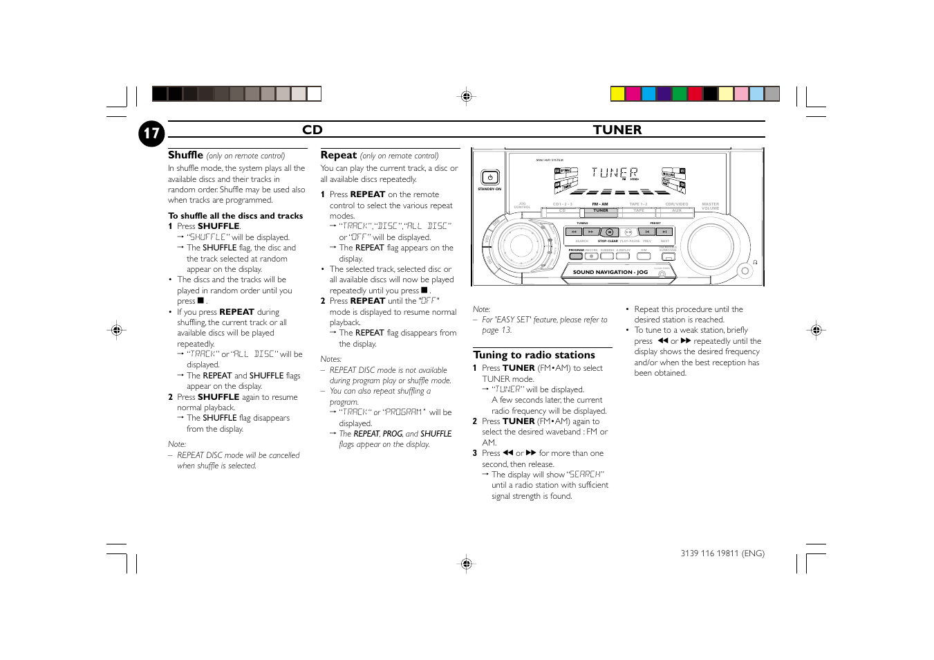 Cd tuner, Repeat, Shuffle | Tuning to radio stations | Philips FW-C38C/37 User Manual | Page 17 / 29