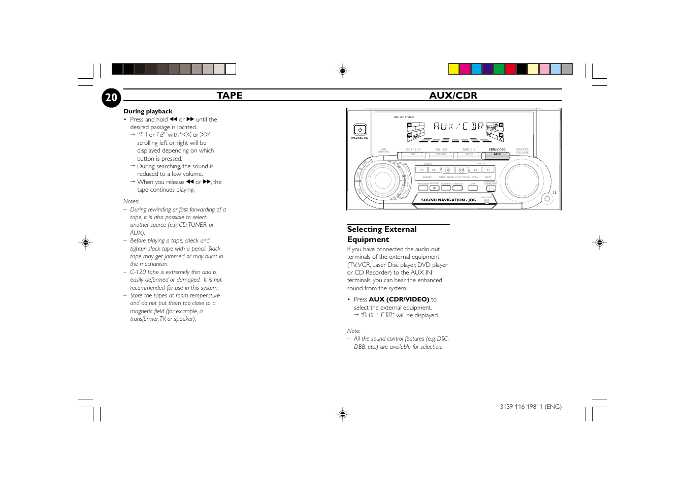 Tape aux/cdr, Selecting external equipment | Philips FW-C38C/37 User Manual | Page 20 / 29