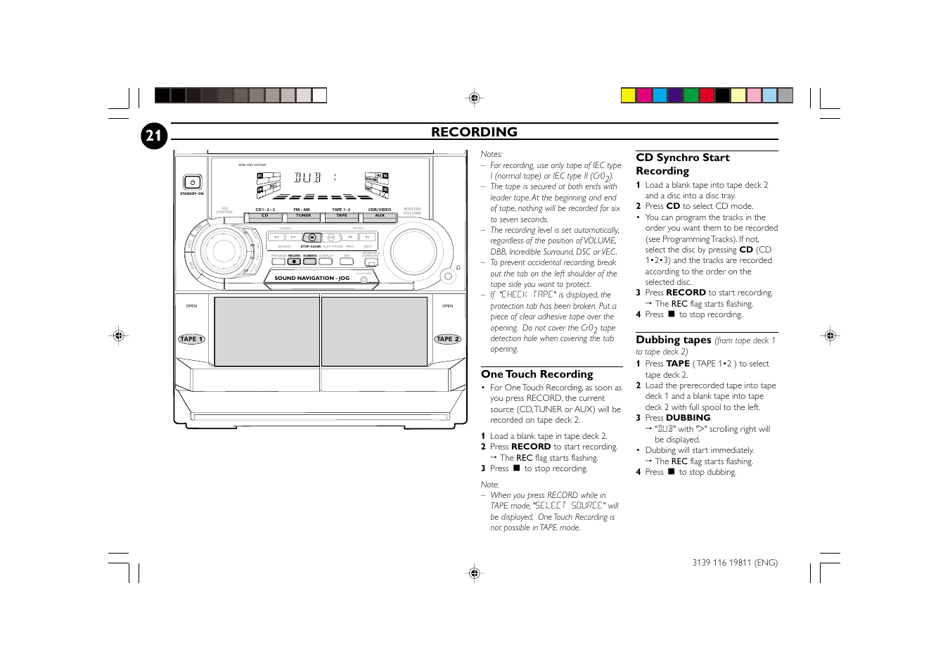 Recording, One touch recording, Cd synchro start recording | Dubbing tapes | Philips FW-C38C/37 User Manual | Page 21 / 29