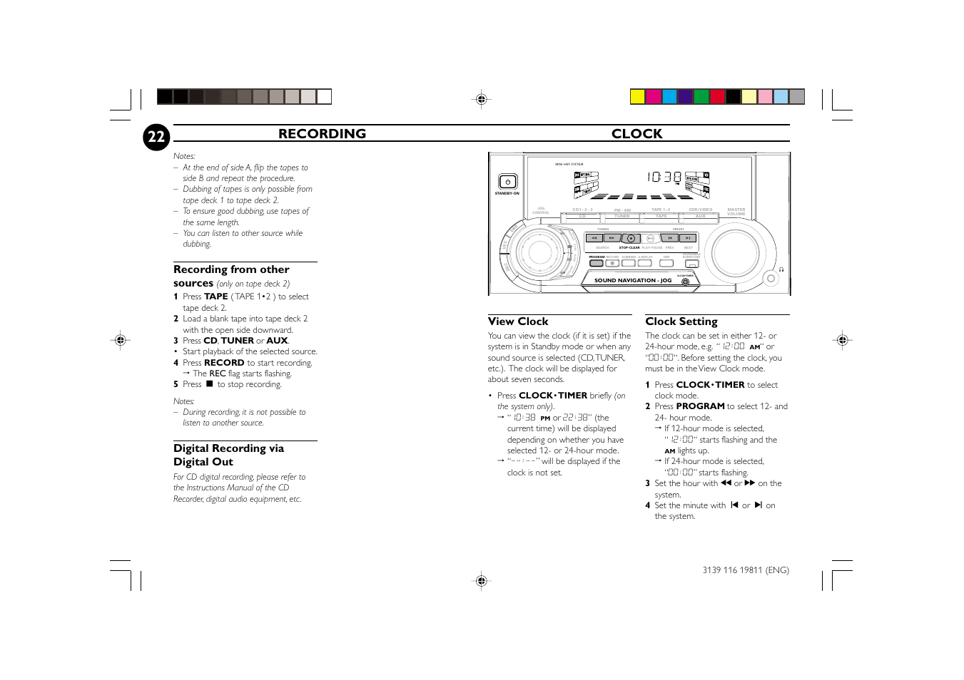 Recording clock, Recording from other sources, Digital recording via digital out | View clock, Clock setting | Philips FW-C38C/37 User Manual | Page 22 / 29
