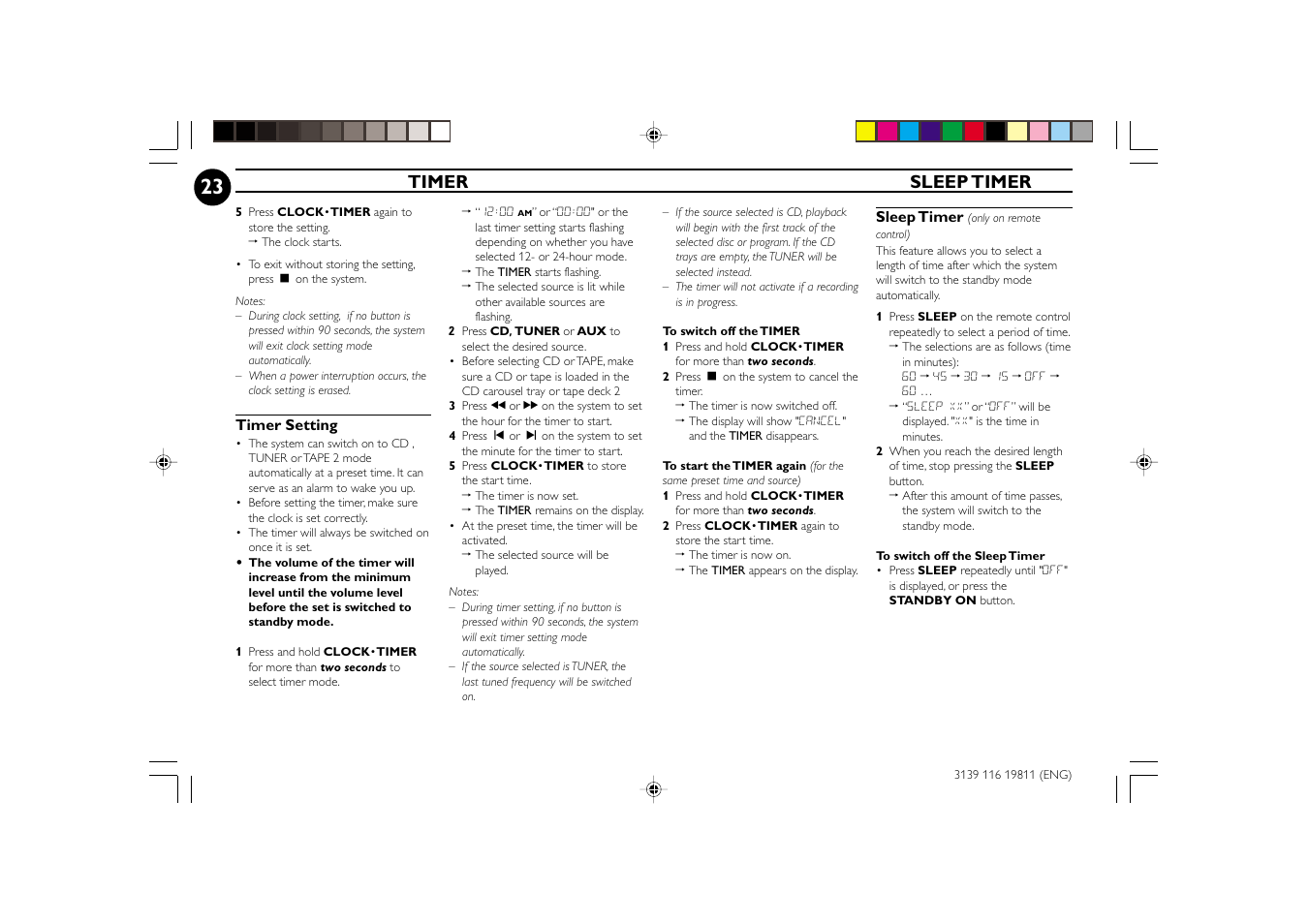 Timer sleep timer | Philips FW-C38C/37 User Manual | Page 23 / 29