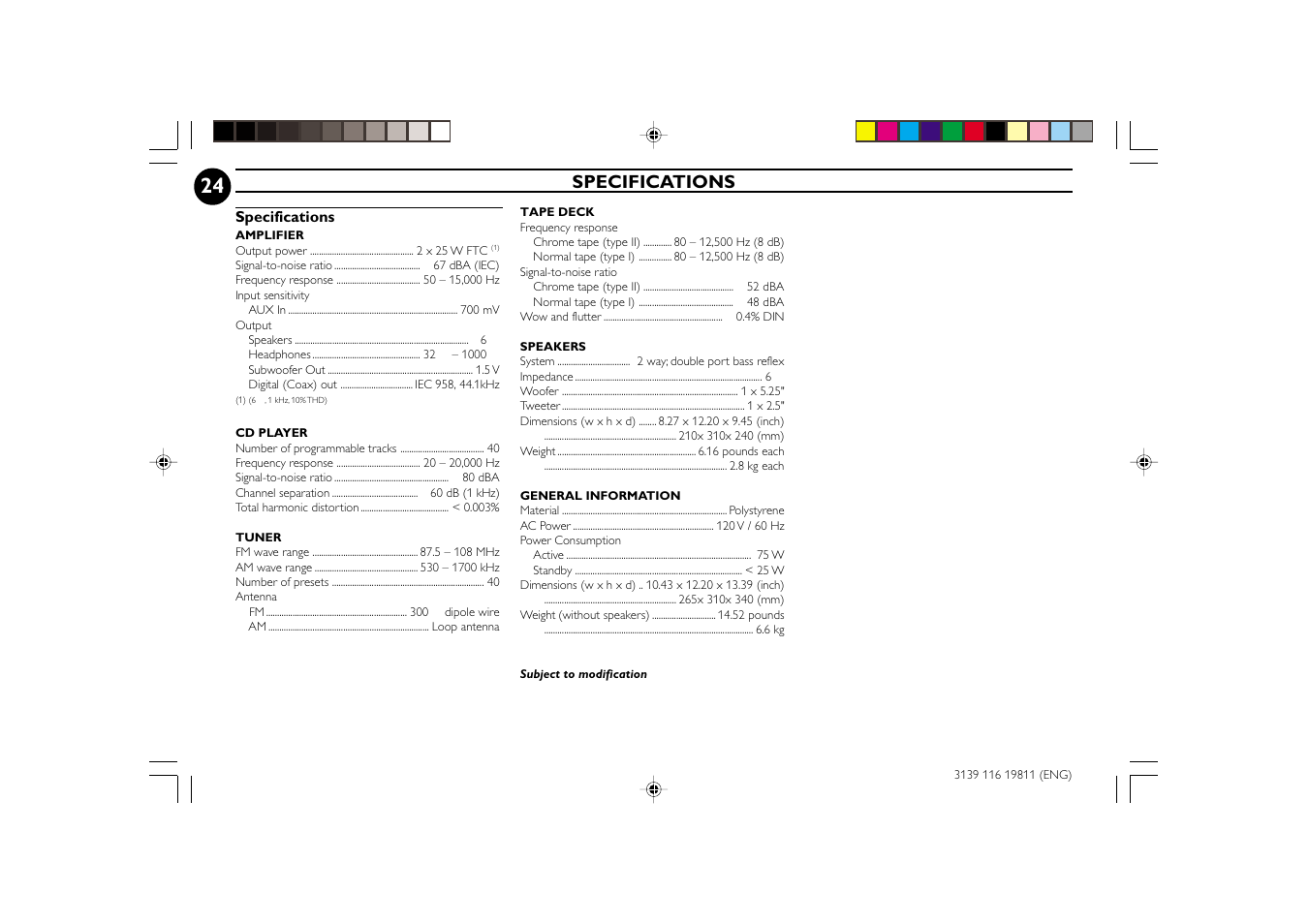 Specifications | Philips FW-C38C/37 User Manual | Page 24 / 29