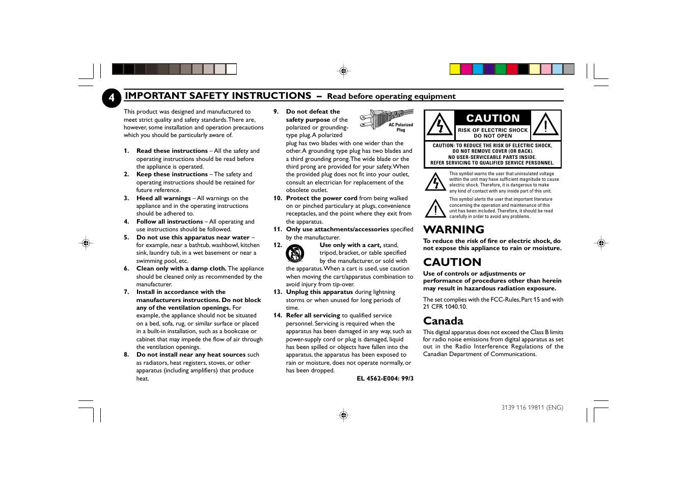 Warning, Canada, Important safety instructions | Caution | Philips FW-C38C/37 User Manual | Page 4 / 29