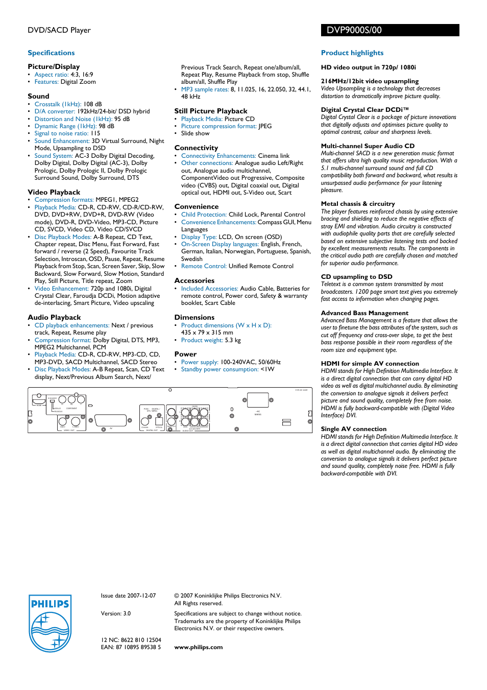 Dvd/sacd player | Philips DVP9000S User Manual | Page 2 / 2