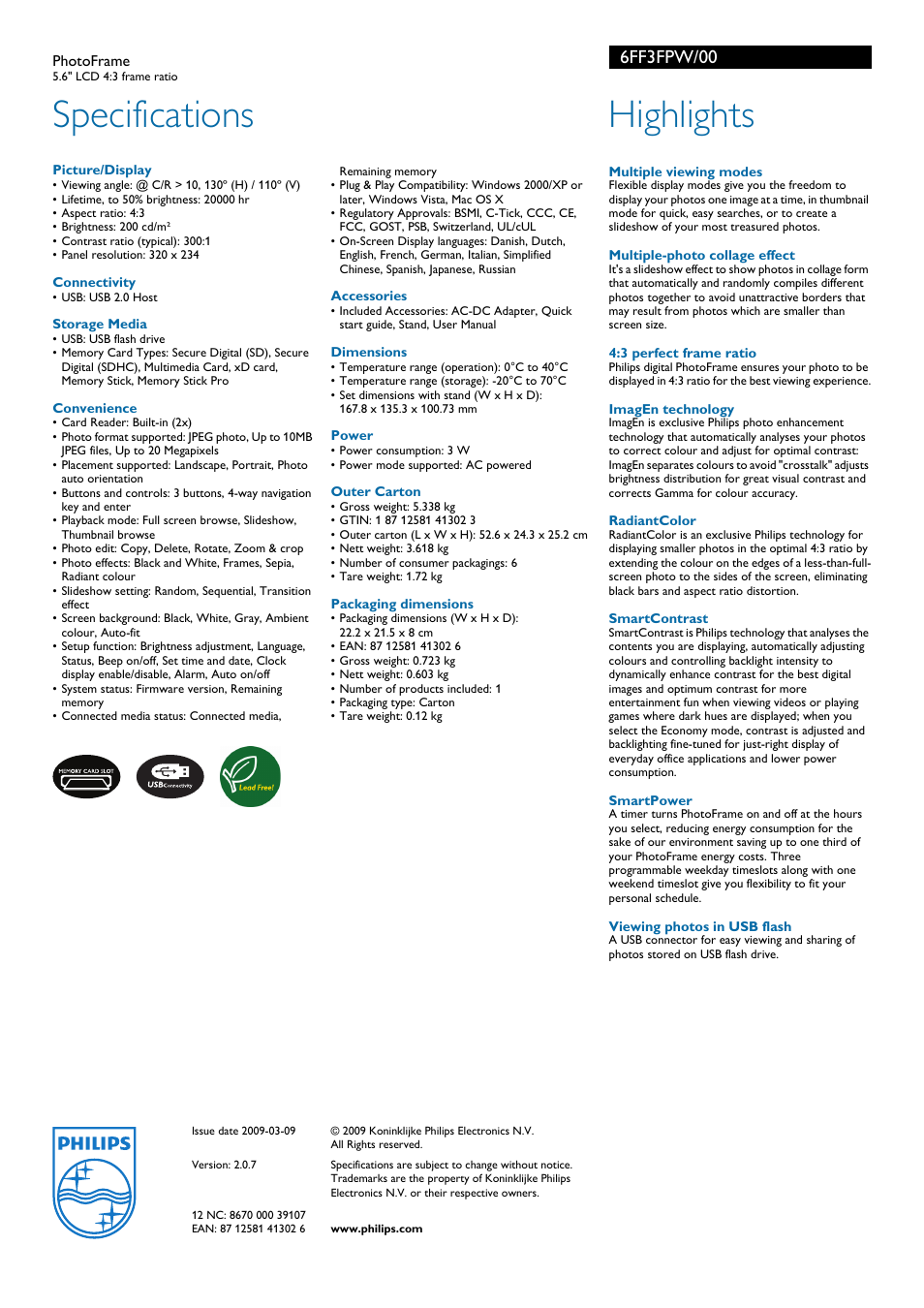 Specifications, Highlights, 6ff3fpw/00 | Philips 6FF3FPW User Manual | Page 2 / 2