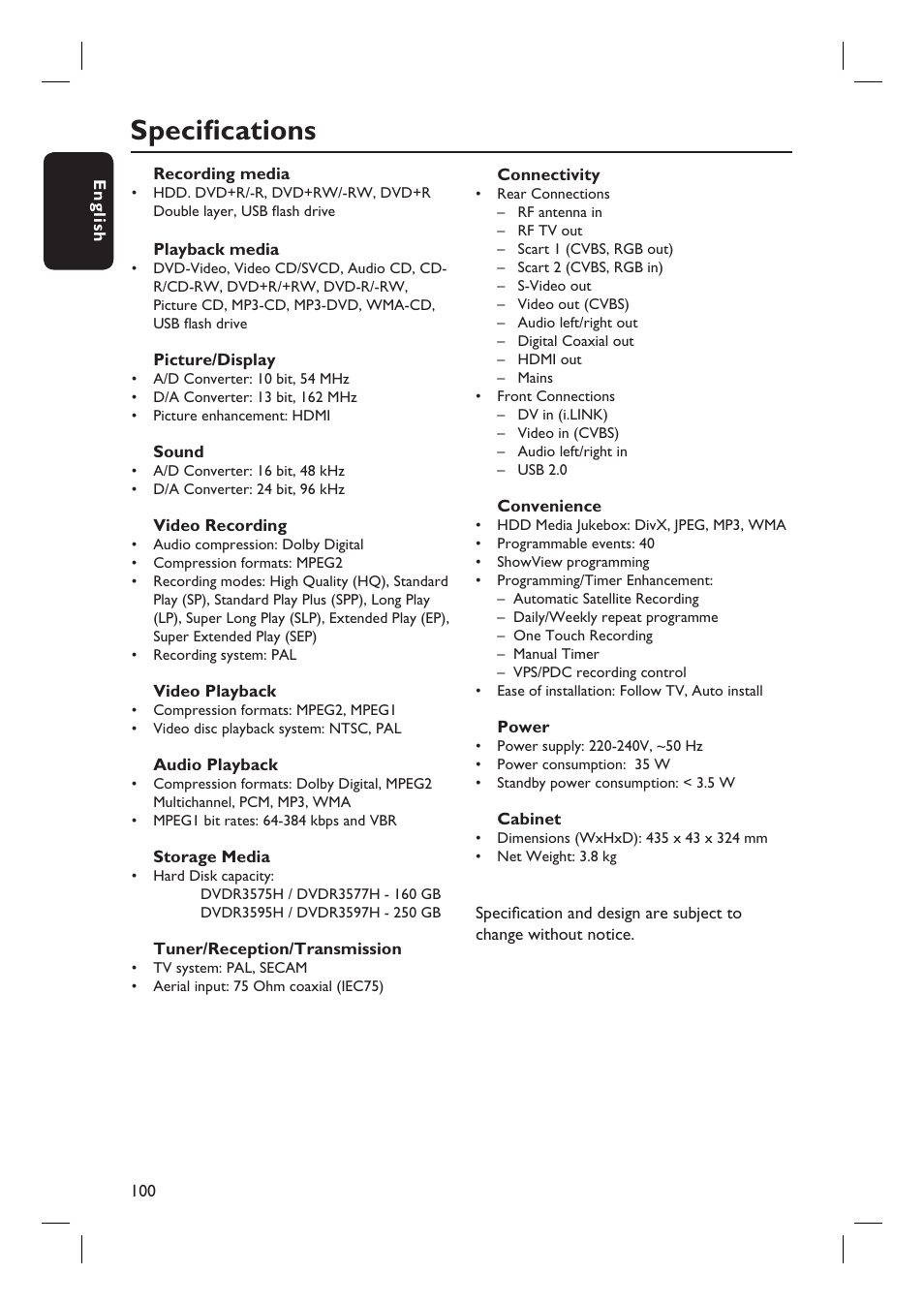 Specifi cations | Philips dvdr 3575H User Manual | Page 100 / 104