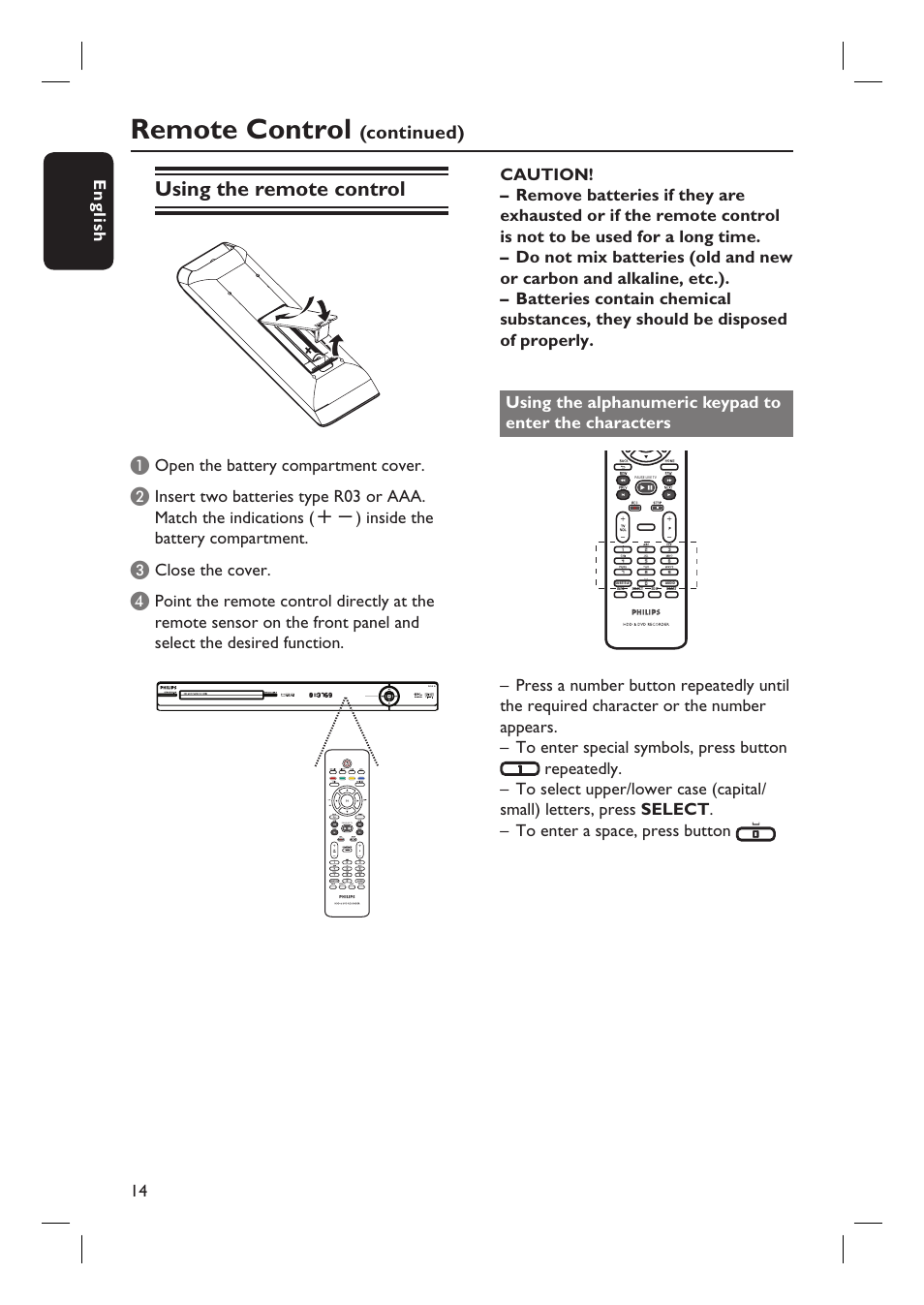 Remote control, Using the remote control, Continued) | English 14, Open the battery compartment cover, Close the cover | Philips dvdr 3575H User Manual | Page 14 / 104