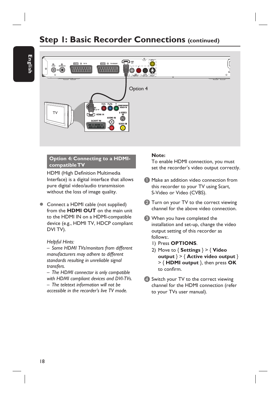 Step 1: basic recorder connections, Continued), English 18 | Philips dvdr 3575H User Manual | Page 18 / 104