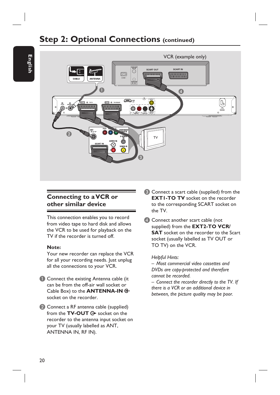 Step 2: optional connections, Connecting to a vcr or other similar device, Continued) | Bc d, English 20, Vcr (example only) | Philips dvdr 3575H User Manual | Page 20 / 104