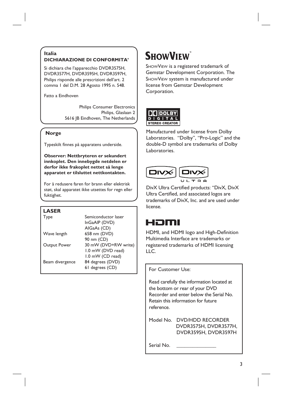 Philips dvdr 3575H User Manual | Page 3 / 104