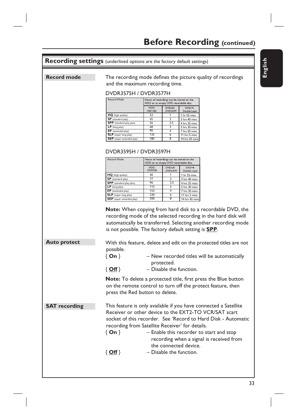 Before recording, Recording settings, Continued) | English 33 | Philips dvdr 3575H User Manual | Page 33 / 104