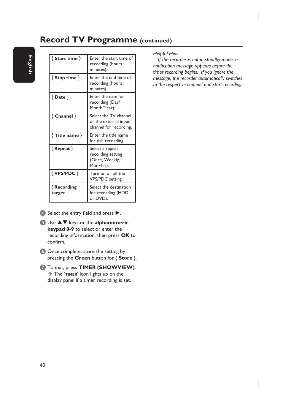 Record tv programme | Philips dvdr 3575H User Manual | Page 40 / 104