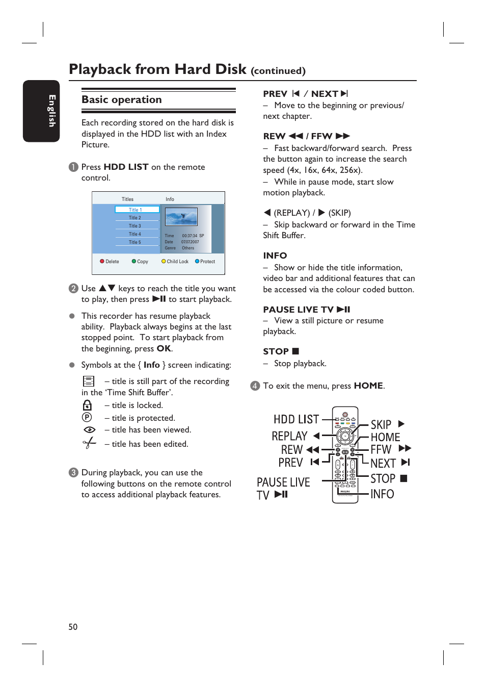 Playback from hard disk, Basic operation, Continued) | Philips dvdr 3575H User Manual | Page 50 / 104