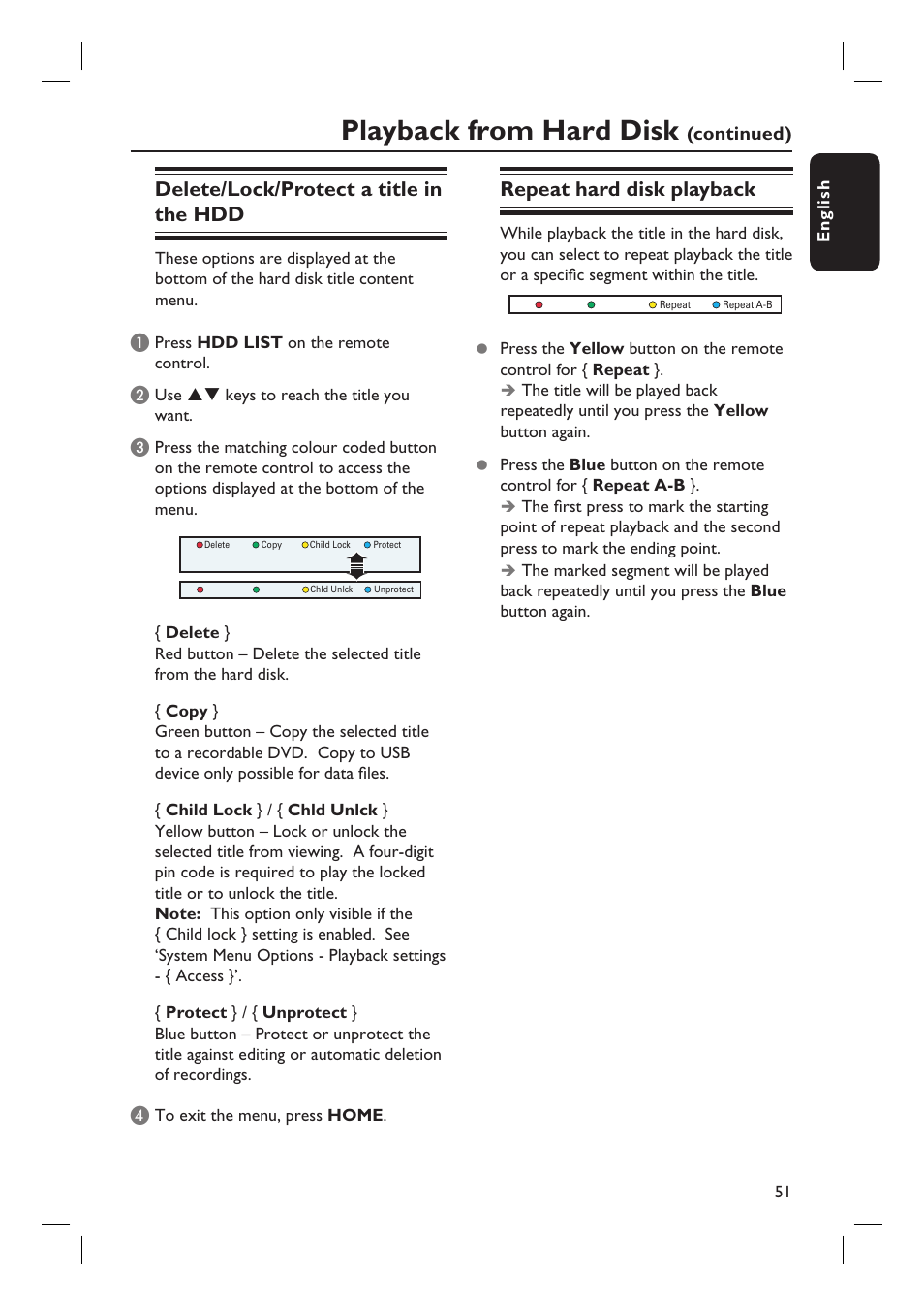 Playback from hard disk, Delete/lock/protect a title in the hdd, Repeat hard disk playback | Continued) | Philips dvdr 3575H User Manual | Page 51 / 104