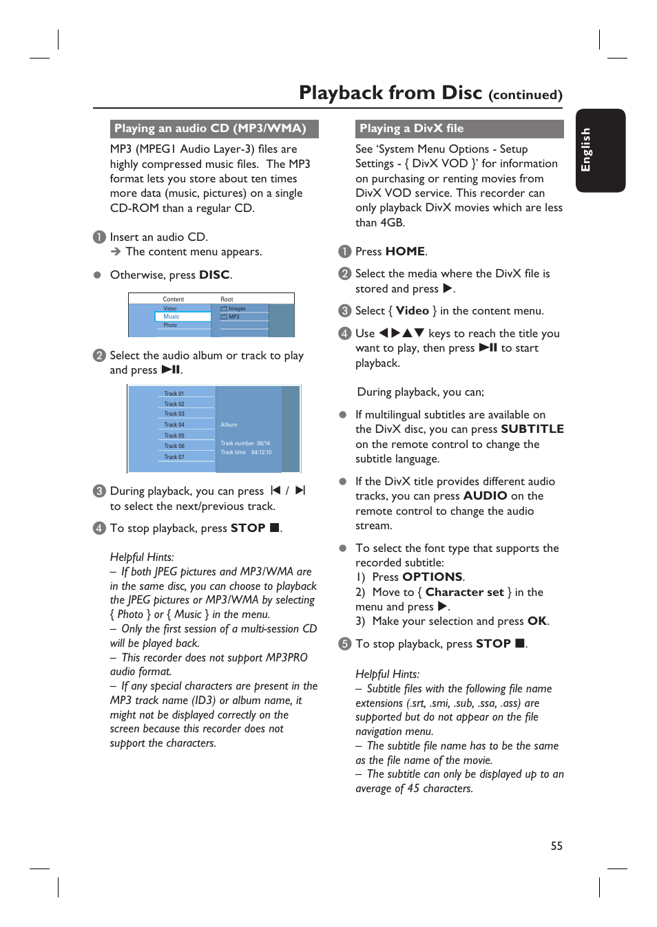 Playback from disc, Continued) | Philips dvdr 3575H User Manual | Page 55 / 104