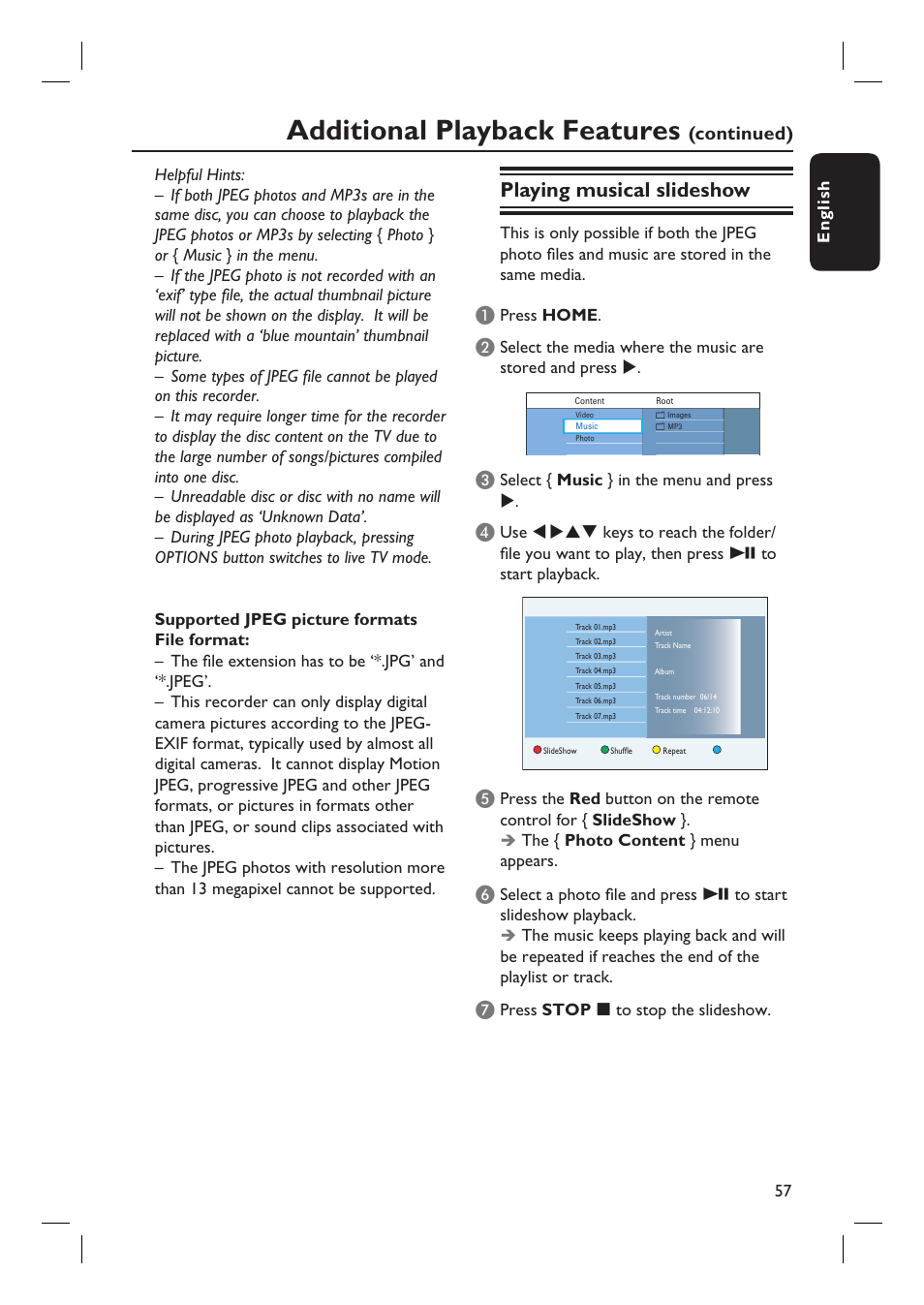 Additional playback features, Playing musical slideshow, Continued) | Philips dvdr 3575H User Manual | Page 57 / 104