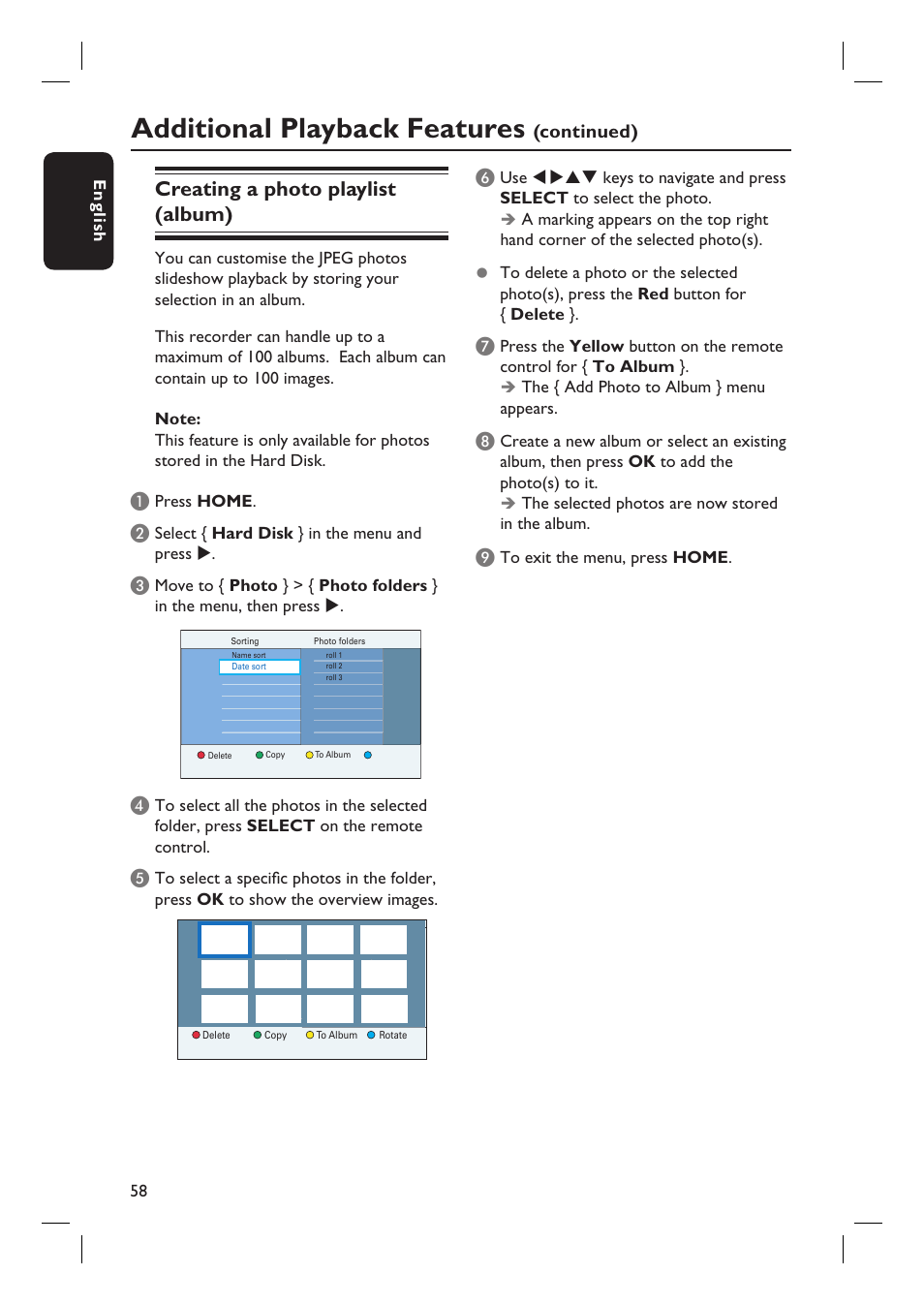 Additional playback features, Creating a photo playlist (album), Continued) | Philips dvdr 3575H User Manual | Page 58 / 104