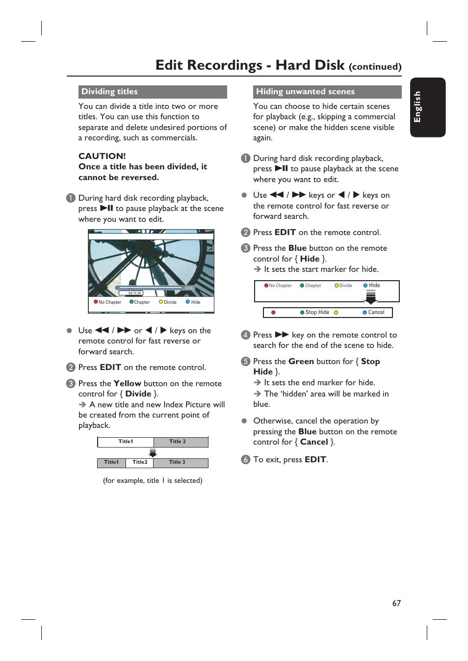 Edit recordings - hard disk, Continued) | Philips dvdr 3575H User Manual | Page 67 / 104