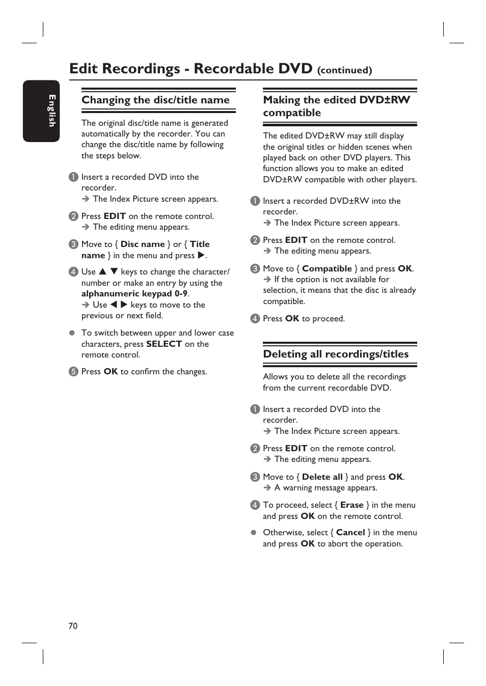 Edit recordings - recordable dvd, Changing the disc/title name, Making the edited dvd±rw compatible | Deleting all recordings/titles | Philips dvdr 3575H User Manual | Page 70 / 104