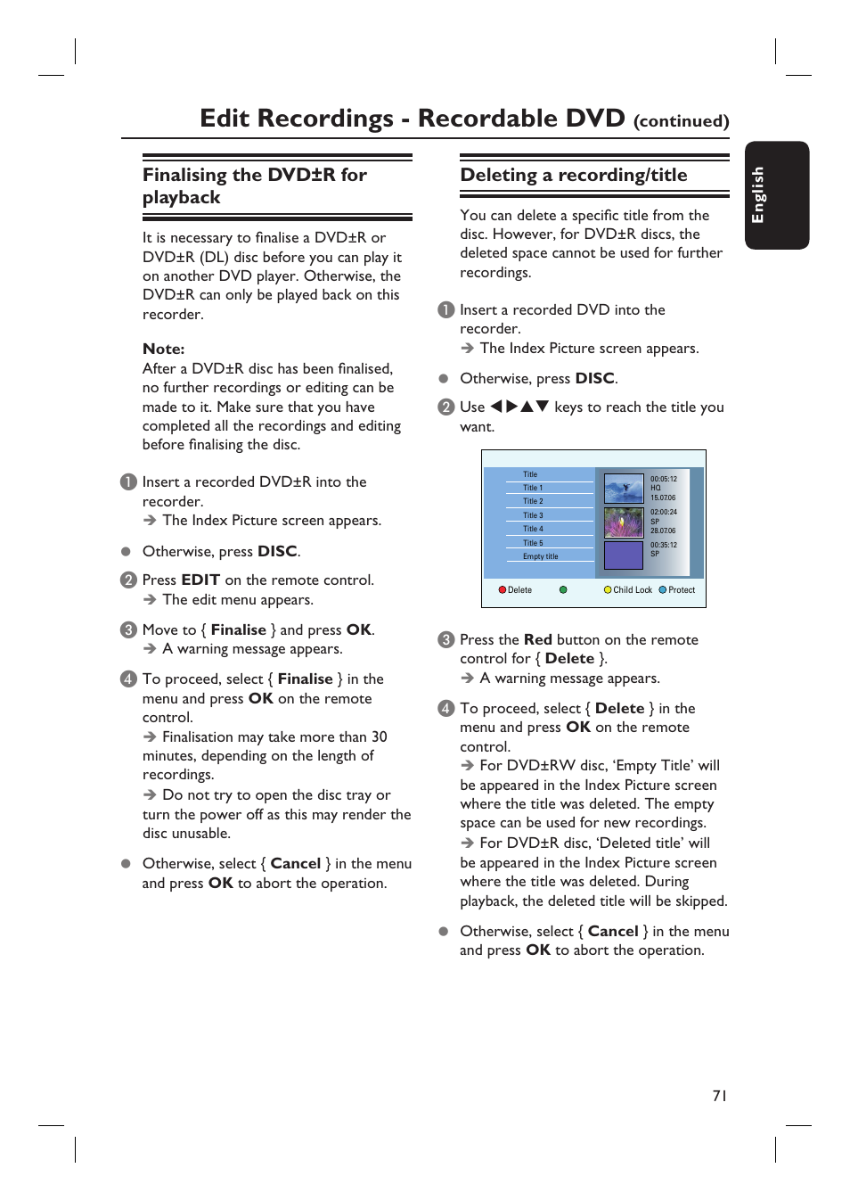 Edit recordings - recordable dvd, Finalising the dvd±r for playback, Deleting a recording/title | Philips dvdr 3575H User Manual | Page 71 / 104