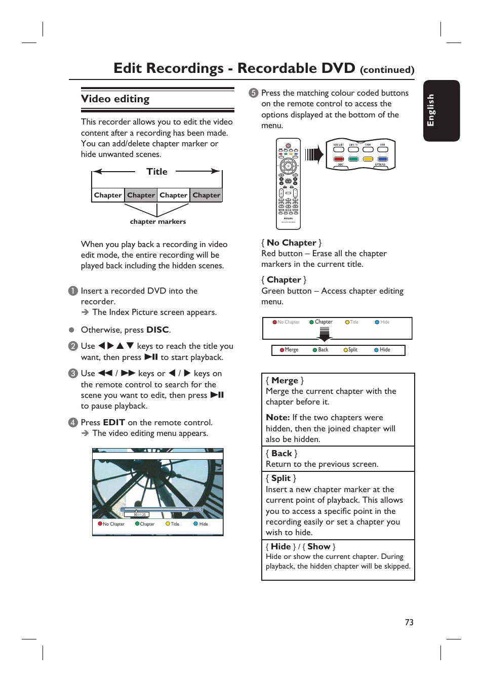 Edit recordings - recordable dvd, Video editing, Continued) | Title | Philips dvdr 3575H User Manual | Page 73 / 104