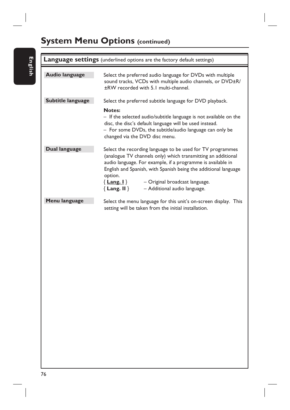 System menu options | Philips dvdr 3575H User Manual | Page 76 / 104