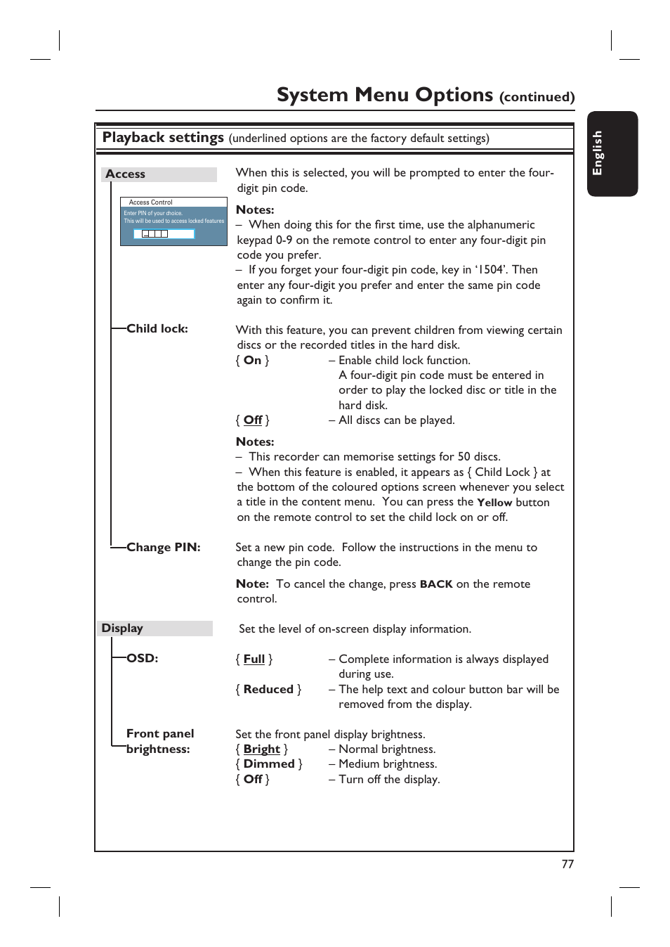 System menu options, Playback settings | Philips dvdr 3575H User Manual | Page 77 / 104